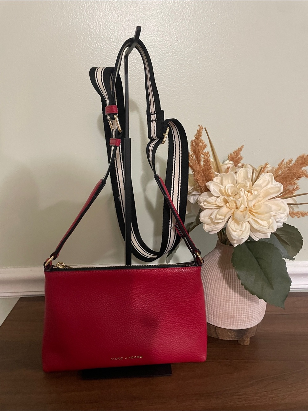 Marc Jacobs Red Pebbled Leather Crossbody with Striped Web Strap